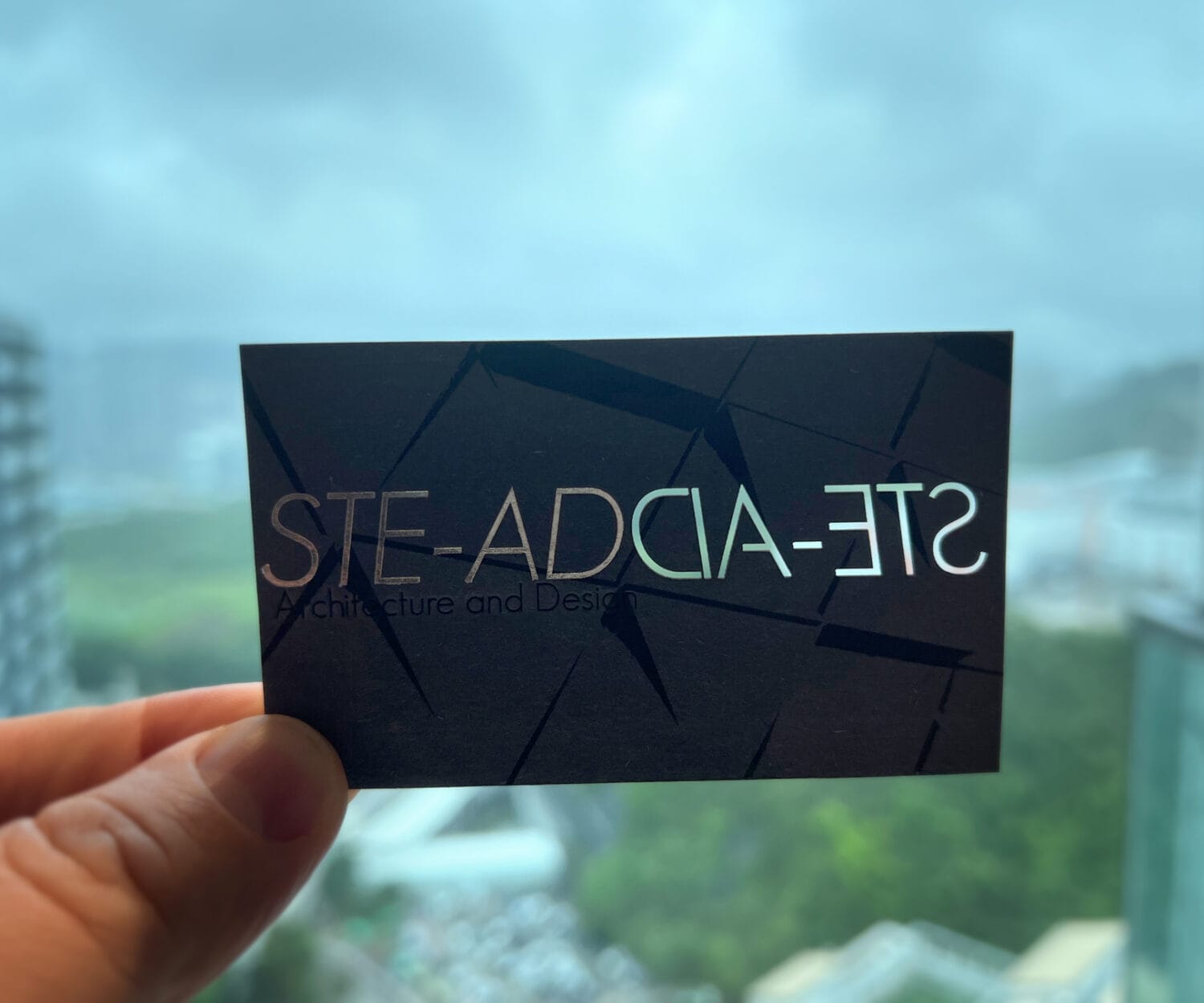 STE-AD Business Card with Cut Hole Letters in front of green landscape Photo - Contact Us for a Free Consultation