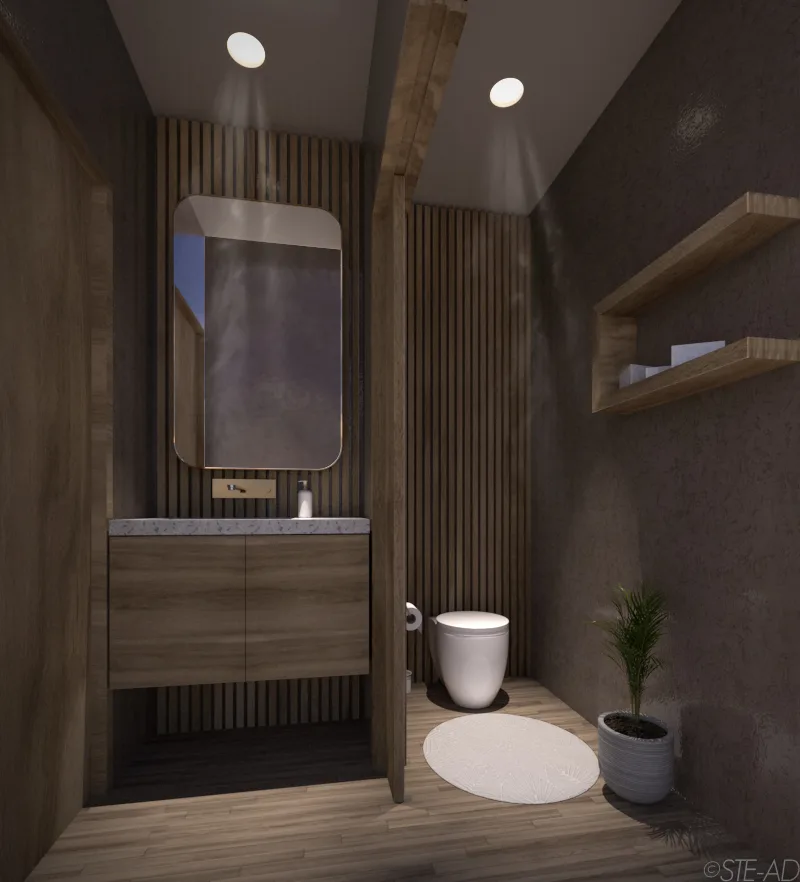 bathroom rendering Bathroom architectural rendering with timber cladding, hardwood floors and earth-toned plaster walls
