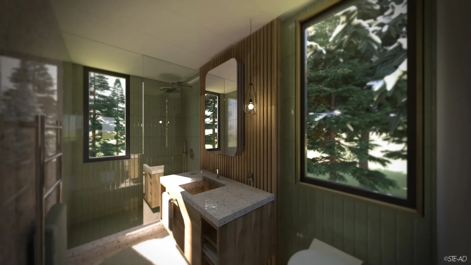 bathroom rendering Bathroom architectural rendering with timber cladding, terrazzo floors and green subway tiles