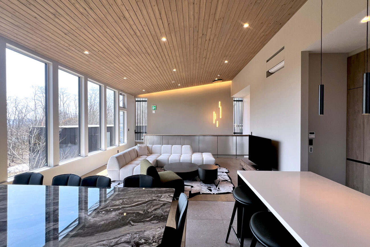 STEAD Architecture and Design Yugen House Living Room with a view of Mt. Yotei through the windows